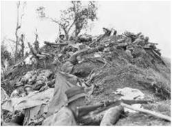 Australians at the Intermediate Pimple on 21 or 23 January 1944. This position was about 75 metres from the enemy, who took shots at the Australians here. The white sheets are for air identification and the ropes for evacuating wounded.