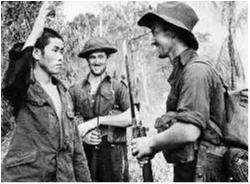 Two Australian soldiers of the 2/27th Battalion stand with a Japanese soldier captured at Kumbaram on 5 October 1943. This prisoner gave valuable information concerning the Bogadjim-Ramu Valley road over which the Australians were advancing.